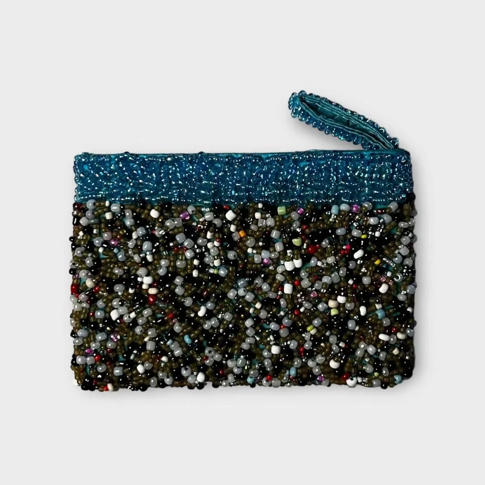 Beaded Blue, Gray, Pearl Zip Top Lined Clutch Purse, Change Purse